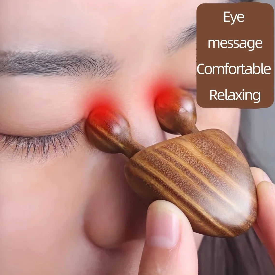 Person using a wooden eye massager with text indicating benefits.