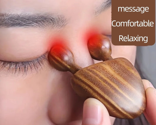 Person using a wooden eye massager with text indicating benefits.