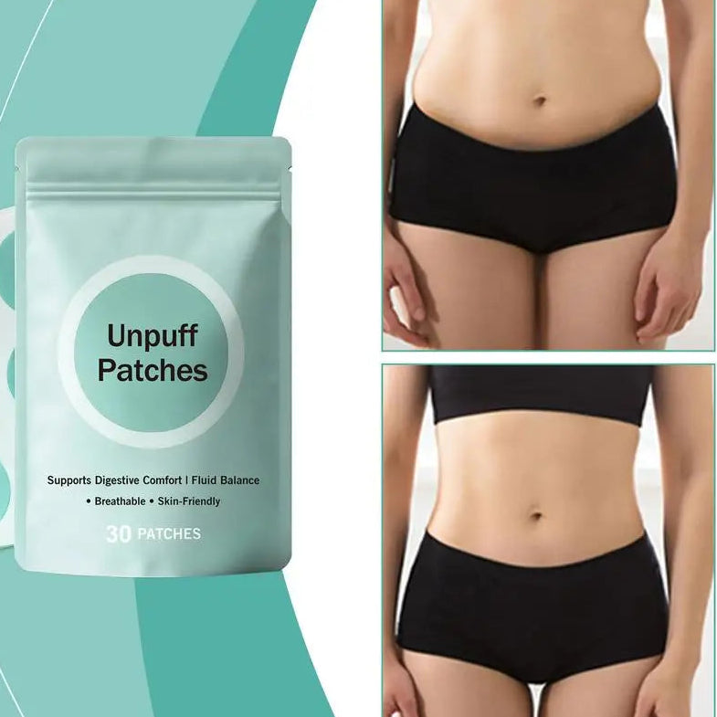 Unpuff Patches packaging with a person wearing black underwear on a teal background